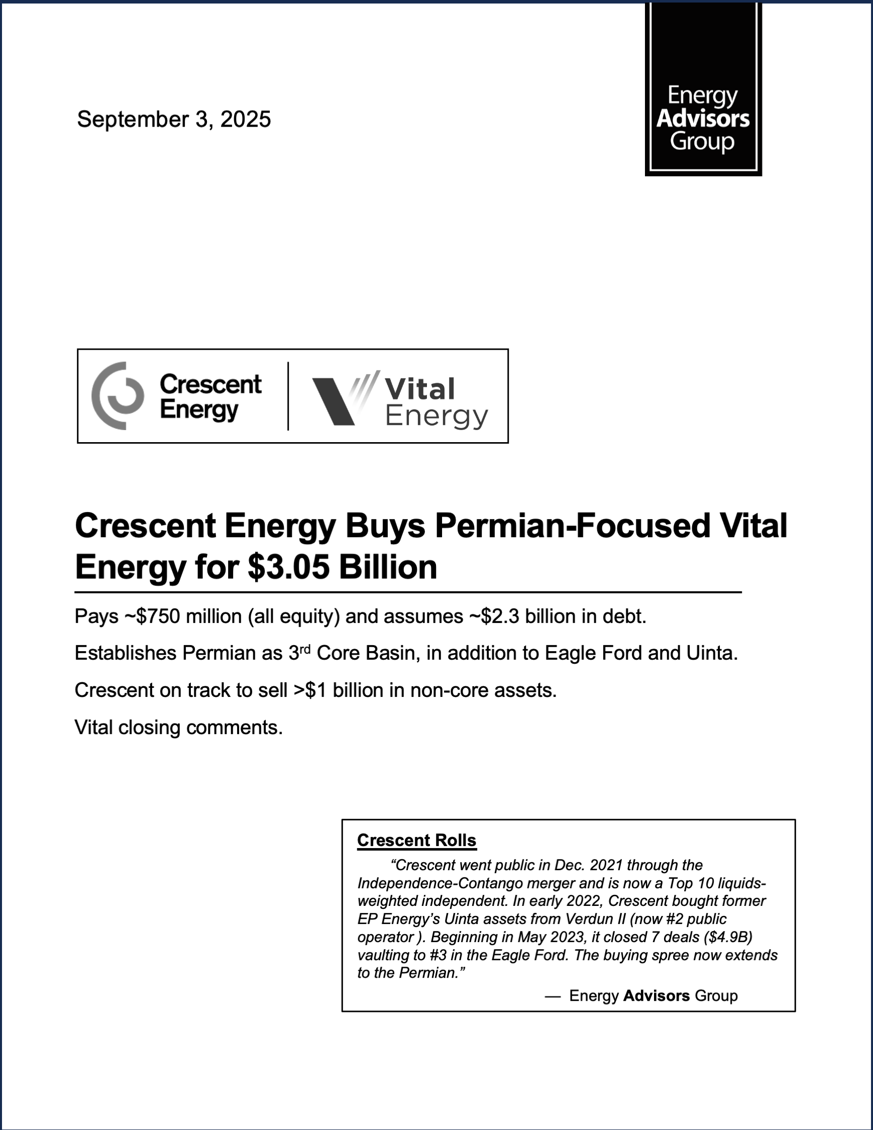 DEAL ALERT (CRESCENT / VITAL) - Energy Advisors Group DEAL ALERT (CRESCENT / VITAL)
